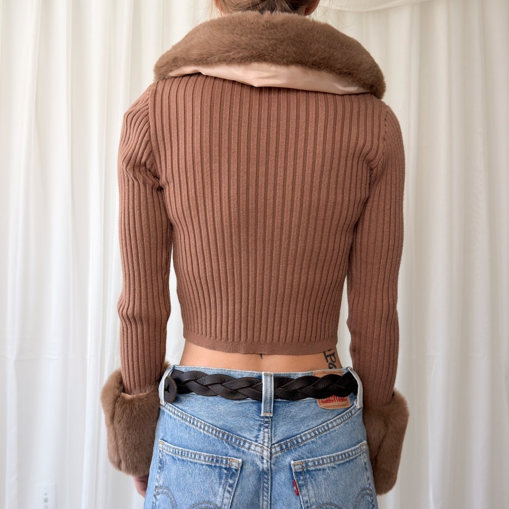 Brown Faux Fur Trim Cardigan Cropped Button Up Fur Collar Cuffs Knit Women's S - Picture 5 of 8